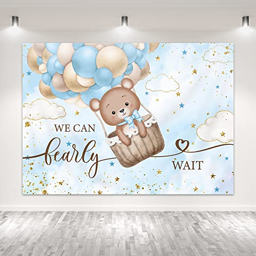Glawry Teddy Bear Backdrop 7Wx5H Feet Watercolor Sky Stars Cloud Blue Balloon Cute We Can Bearly Wait Baby Shower Party Decorations Photography Background Photo Booth Studio #TOP5