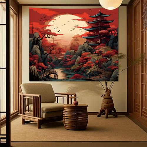 Apdidl Tapeçaria japonesa de anime preto vermelho para estética de quarto, pôr do sol escuro florest