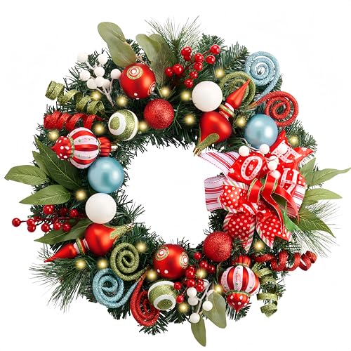 Valery Madelyn 18'' Pre-Lit Christmas Wreath for Front Door with Lights, Lighted Christmas Door Wreath with Multi-Colored Balls & Bow for Home Porch Fireplace Window Holiday Party Wall Decor