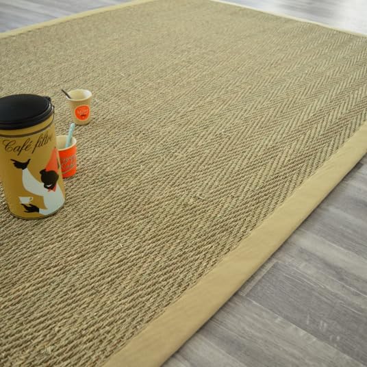 Decoweb Tapis Jonc de mer Bihar Fin Chevron - Ganse Coton Beige - 120 x 170 cm