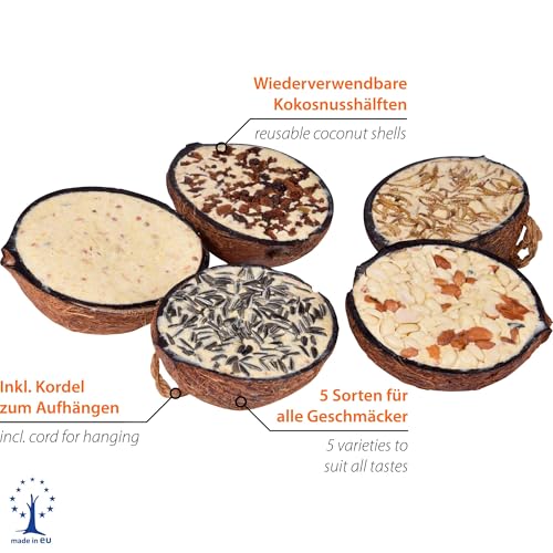 dobar® 10x gefüllte Kokosnuss Vogelfutter zum Aufhängen - 5 Sorten Vogelfutter für die Ganzjahresfütterung - Fettfutter-Füllungen für Wildvögel - Wildvogelfutter 2 kg (1er Pack)