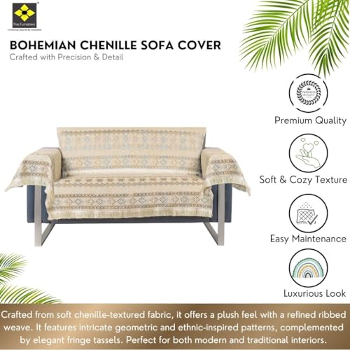 Image of Elegant Woven Beige Sofa Cover - Soft Chenille Traditional Pattern with Lace Style | L-Shape Sectional Seat Protector for Living Room | Durable & Stylish Slipcover 2 Seater with Arms