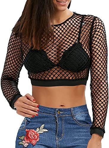 Nihsatin Fishnet Tops for Women Long Sleeve Fishnet Crop Top Clubwear See Through Black