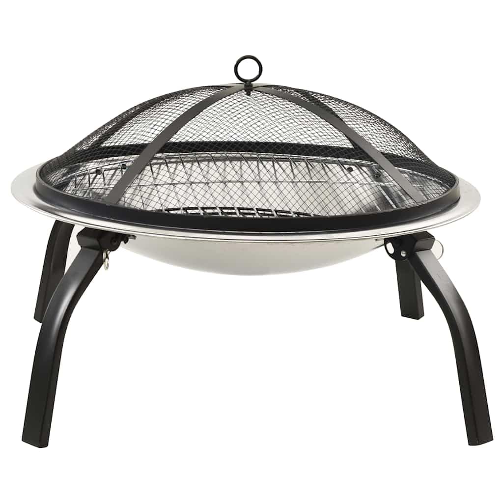Brasero y parrilla 2 en 1 de acero inoxidable, 56 x 56 x 49 cm, con protección contra chispas, atizador, patas plegables para exteriores, terraza y jardín, calor y llama
