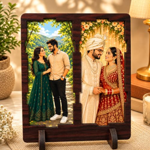 Image of Wooden Dual Photo Frame for Couple & Wedding Photos Personalized Tabletop MDF Picture Frame with Stand Anniversary, Wedding & Valentine Gift 6.5 x 4.5 Inch