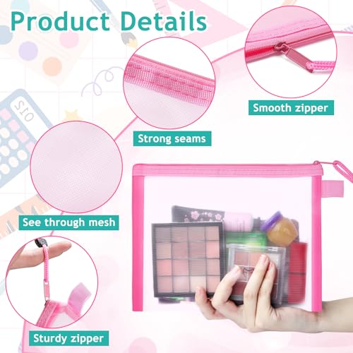 12-Piece Nylon Zipper Pouch Set, Pink Mesh Cosmetic Bags, Zippered Travel & Office Supplies Organizers - A53