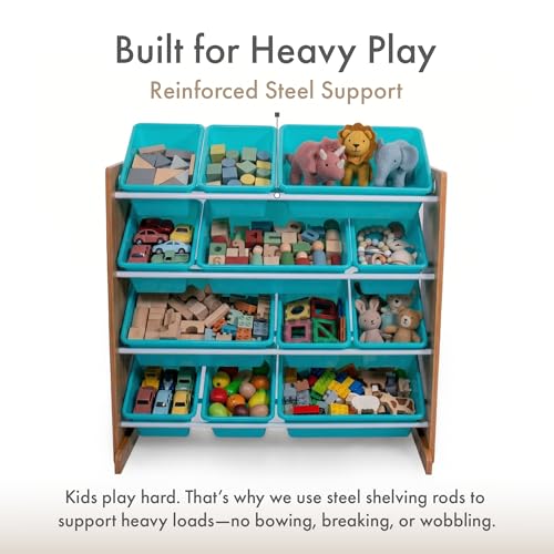 Image of Humble Crew Toy Storage Organizer with 12 Removable Storage Bins for Kids Playroom, 4-Tier Toddler Toy Organization, Natural Wood /Aqua