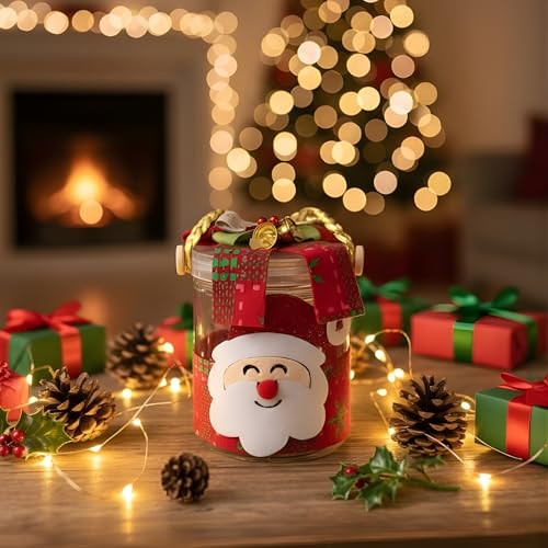 Image of Crackles Christmas Party Decoration Jar with Santa & Snowman Face | Decorative Storage Jar for Gifts for Candies & Party Decor | Xmas Decoration Item Pack of 1