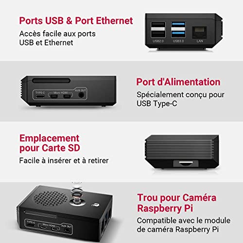 TTLDA Boîtier Noir pour Raspberry Pi 4 modèle B, Alimentation 5V 3A, 3 Dissipateurs Thermiques, Tournevis Magnétique,Ventilateur, Accessoires pour Raspberry Pi 4 Modèle B