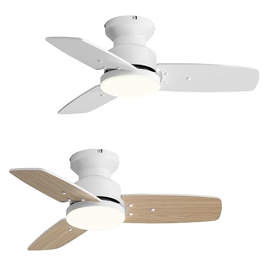 30 Inch Ceiling Fans with Lights and Remote, Bedroom Living Room Office, Flush Mount, 3CCT Dimmable, Dual Color 3 Blades 6 Speed Reversible Quiet DC Motor, Chrome-Plated/Wood Grain