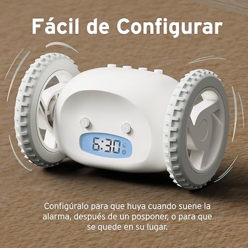 Despertador digital con ruedas Clocky blanco para dormitorios 7