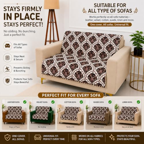 Image of Homerz Premium Printed Quilted Velvet Sofa Slip Cover Protector, Sofa Mat, Exact Size, Antislip Cover (Botanica, 2 Seater, Full)