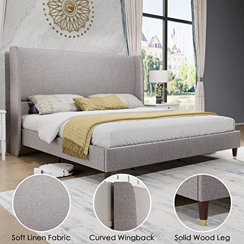 PaPaJet-Queen-Platform-Bed-Frame-512-High-Headboard-Linen-Tall-Upholstered-BedNo-Box-Spring-RequiredWood-Slat-SupportEasy-Assembly-Light-Grey
