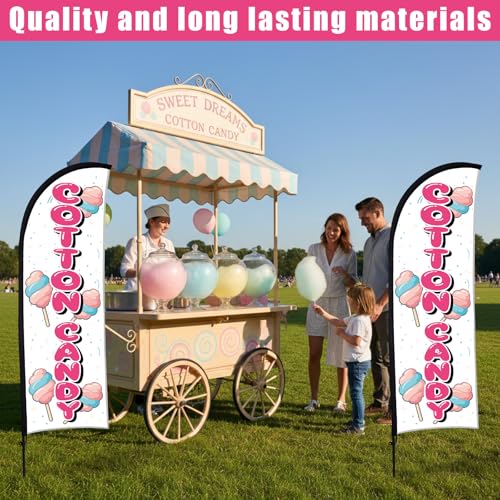 Buryeah 2 Sets Cotton Candy Feather Flag Banner for Business 7ft Cotton Candy Advertising Snack Sign Flags with Flagpole and Ground Stake for Summer Carnival Store Fair Market Outside Decor
