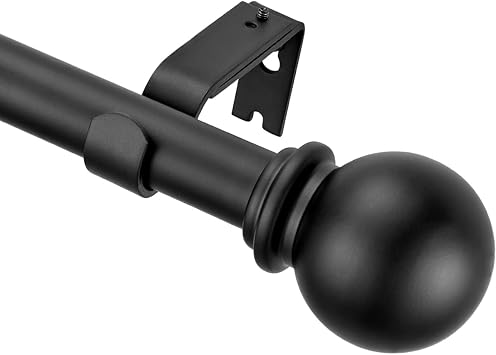 YunNephele Adjustable Window Curtain Rods 36-72 inches Matte Black, Classic Ball Finial Design Curtain Rod Set, Single Metal Iron Drapery Rod, 1 inch Heavy Duty Curtain Rod