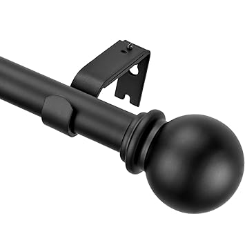 YunNephele Adjustable Window Curtain Rods 36-72 inches Matte Black, Classic Ball Finial Design Curtain Rod Set, Single Metal Iron Drapery Rod, 1 inch Heavy Duty Curtain Rod