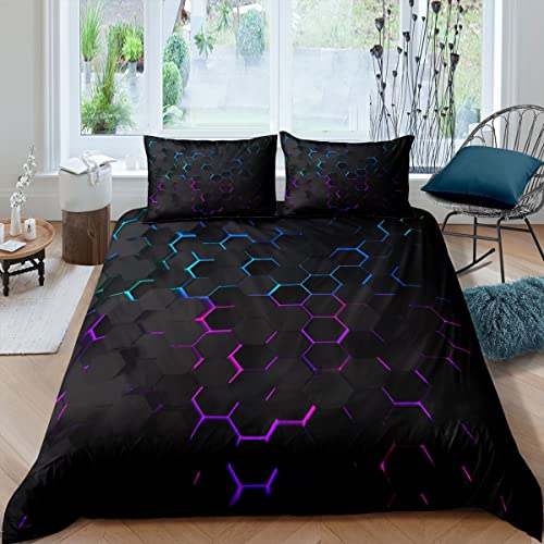 Manfei WWS6467ZC-QUEEN Honeycomb Duvet Cover Set Queen Size Geometric Hexagon Print Comforter Cover Colorful Neon Lights Bedding Set 3Pcs thumb #2