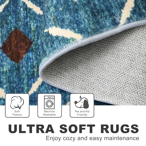 KILOCOCO Living Room Rug 5x7 Area Rug Printed Boho Washable Bedroom Rugs Non Slip Soft Large Moroccan Rubber Backed Indoor Rugs for Dining Room Office Farmhouse Geometric Carpet, Teal/Blue