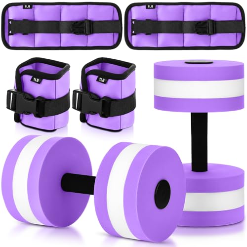 Hollowfly Water Aerobics Set 4 Piece Pool Exercise Kit (2 Aquatic Dumbbells + 2 Ankle/wrist Weights) EVA Foam Low-impact Workout(Purple 1lb)