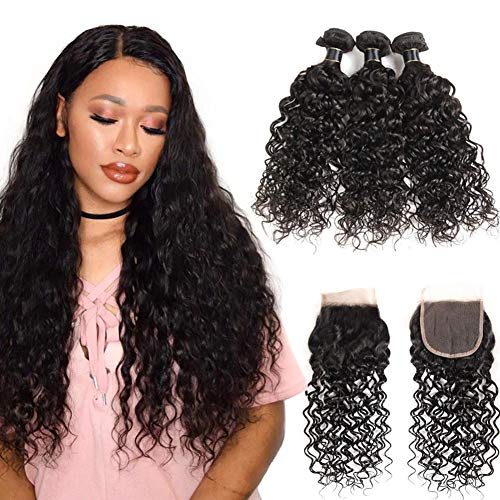 Brazilian Hair 3 Bundles With Closure Water Wave Virgin Human Hair Bundles With Lace Closure 100% Unprocessed Hair Extensions Natural Color (18 18 18+16)