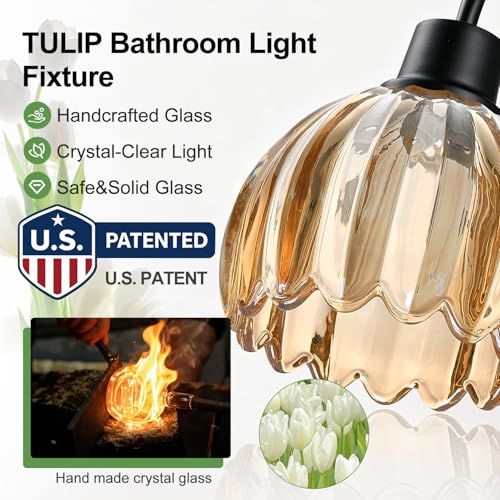 Image of Bathroom Light Fixtures, 3-Light Black Vanity Light with Ribbed Amber Tulip Glass Shades, 20-Inch Bathroom Lighting Over Mirror for Bedroom, Living Room, Hallway (Bulbs Not Included)