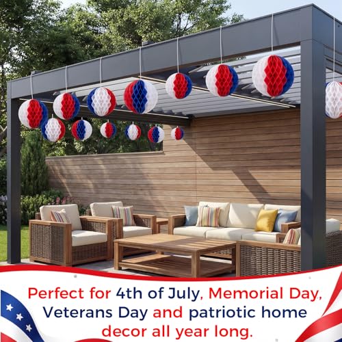 Image of Dunzoom 12 Pcs 250th Anniversary 4th of July Decorations Set 6 inch 8 inch 10 inch 12 inch Patriotic Honeycomb Balls Blue White Red Hanging Round Tissue Paper Pom Poms for Independence Day Memorial Party Decor
