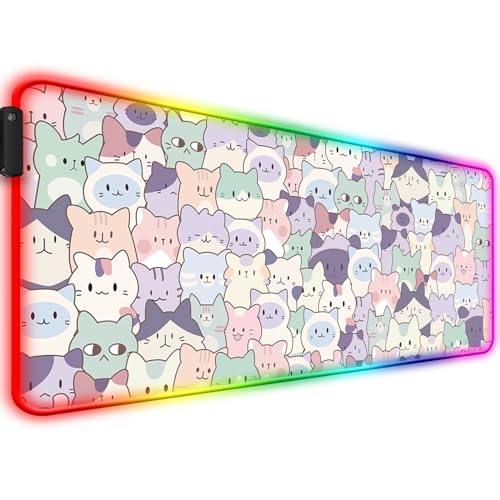 Image of JIANG100 RGB Cute Pink Cat Gaming Desk Mat, Computer Keyboard Large Extended Kawaii Pastel Cat LED Mouse Pad for Office and Home, 31.5×11.8 Inches, XL