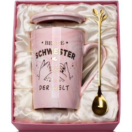 Schwester Geschenk Weihnachten, Schwester Geschenk für Geburtstag, Beste Schweste-r der Welt Tasse 400ml, Geschen-k Schweste-r Weihnachten Becher Marmor Kaffeetasse mit Deckel, Löffel, Geschenkbox