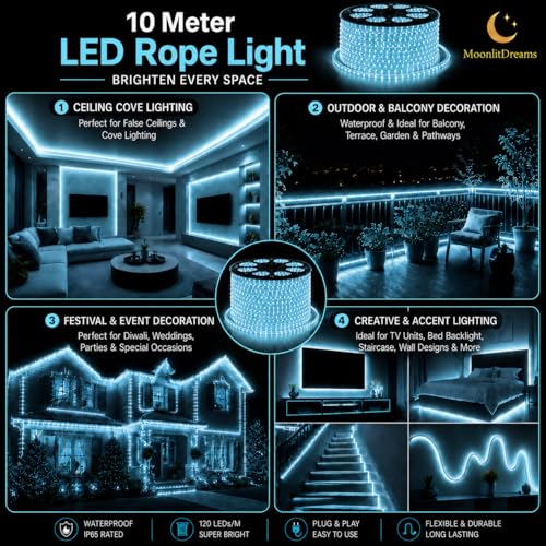Image of MoonlitDreams 10M LED Rope Light | 120 LEDs /M Waterproof Strip Light | Ice Blue Flexible Cove Light for False Ceiling, Balcony, Bedroom, & Indoor Outdoor Decoration | Plug & Play Decorative Light