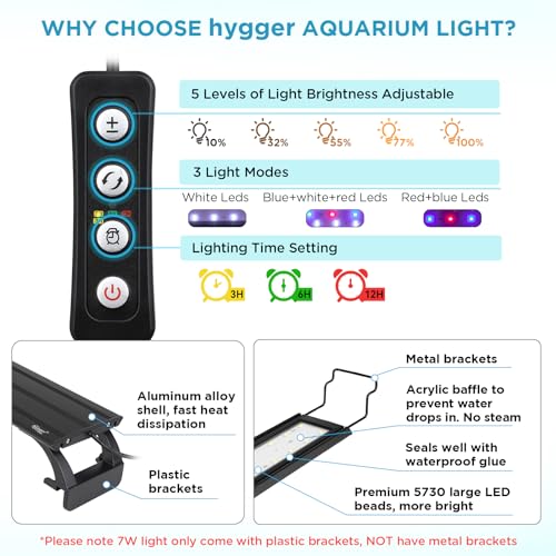 hygger 32W Aquarium LED Beleuchtung, Aquarium LED Lampe mit Timer, dimmbare, LED Aquarium Licht mit Verstellbarer Halterung für 111cm-137cm Aquarium Fisch Tank Fisch Pflanze(Weiß & Blau & Rot Licht) – Bild 3
