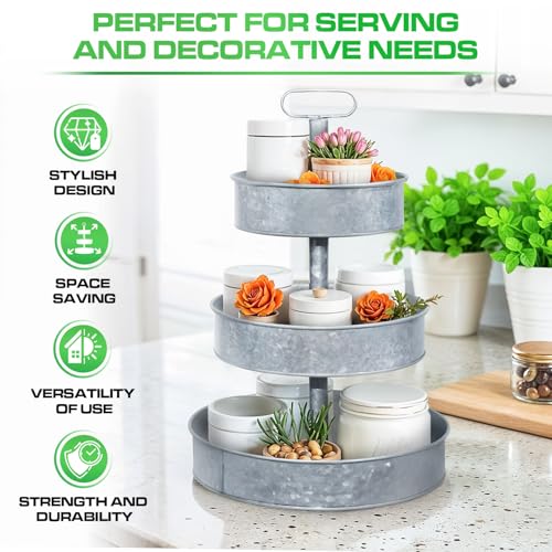 Plexon 3 Tiered Tray Stand, Metal Tiered Serving Tray, Round Seafood Tower, Centerpiece Three Tiered Serving Stand, Galvanized Steel Trays, Silver Farmhouse 3 Tier Stand for Fruit, Appetizer by Plexon - Image 3