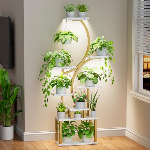 Image of Plant Stand with Grow Lights for Indoor Plants, 8-Tiered Tall Corner Plant Shelf with Full Spectrum Light, S-Shaped Space-Saving Narrow Flower Holder, Anti-Tip for Living Room Bedroom, Faux Marble