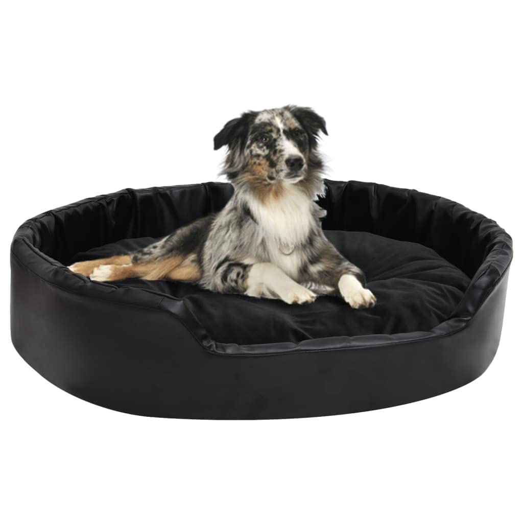 Hundebett schwarz 90x79x20 cm aus Plüsch und Kunstleder, rutschfestes Hundebett Kissen Körbchen Sofa Matratze für Haustier Schlafplatz, waschbar, pflegeleicht