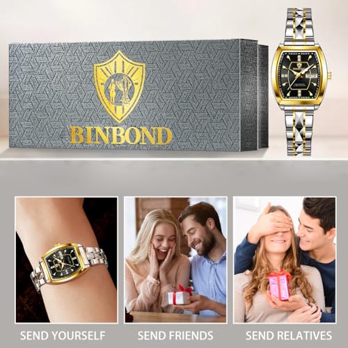 Image of BINBOND Square Watches for Women Analog Quartz Day Date Ladies Wrist Watch Diamond Stylish Stainless Steel Dress Womens Watch Elegant Luminous Waterproof