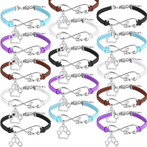 Blulu 15 Pack Paw Print Bracelet Bulk Puppy Party Dog Bracelets for Women Men Adjustable String Charm Bangle Jewelry Memorial Jewelry Gifts for Birthday Party Favors(Brown, Blue, White, Purple, Black)