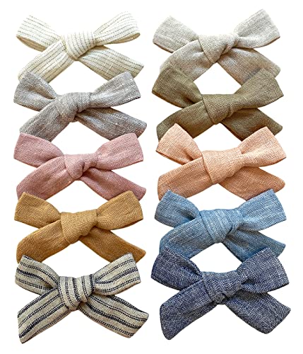 Cherssy 100% Original Linen Hair Bow Clip Barrettes, Boutique Fully Lined Hair Alligator Clips for Baby Girls, Toddlers, School Girls -10 Pack