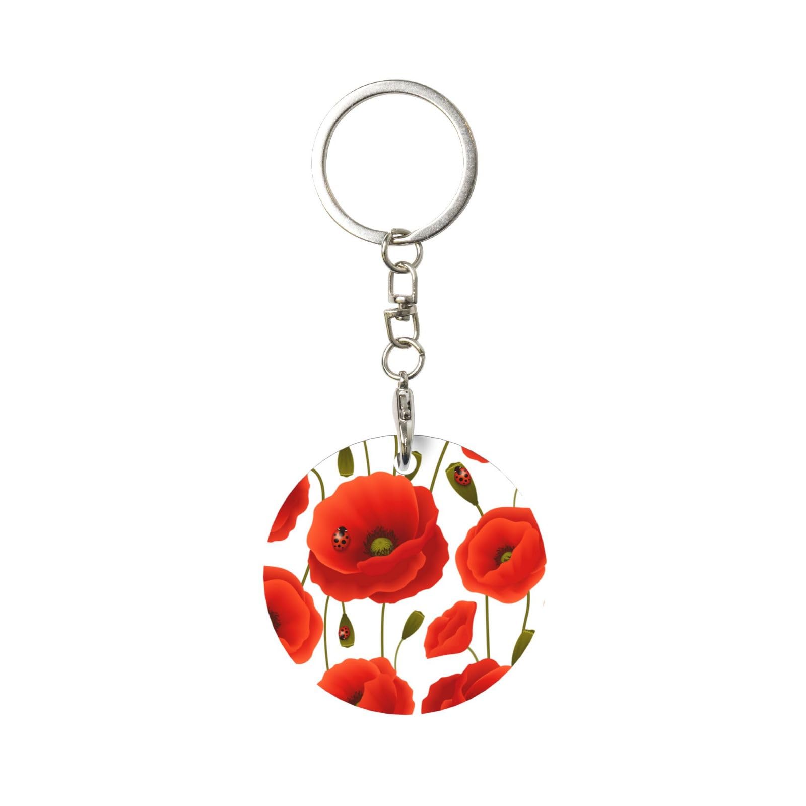 EgoMed Round Metal Keychain, Metal Keychains Keyring Car Key Chain Ring Holder 1 pc, Floral Pattern Of Poppy Flowers