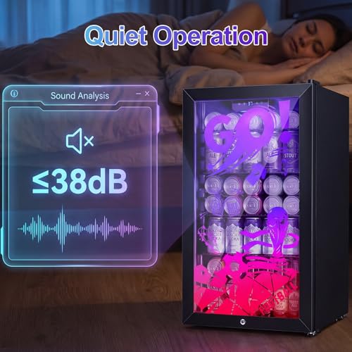 Image of Small Beverage Refrigerator with LED Light Up Door - 128 Can Freestanding Drink Fridge, Mini Beer Cooler with 4 Removable Shelves, Child Safety Lock for Party Bar Gaming Room,World Cup Edition