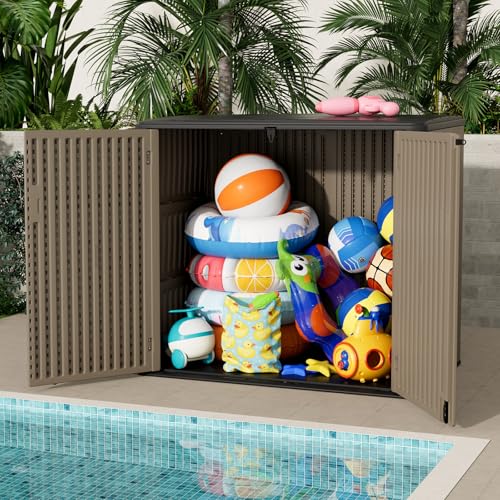 Image of ZZM Large Outdoor Storage Shed, 48 Cu Ft Resin Versatile Storage Cabinet for Patio Accessories, Trash Cans & Garden Tools, Durable Horizontal Storage Box with Lockable Lid (Coffee)