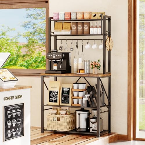 YASONIC Coffee Bar, Bakers Rack with Storage, 25.6 Inches Microwave Stand, 5 Tier Kitchen Shelves Appliance Storage, 12 S Hooks Large Coffee Station for Spices, Pots and Pans, Rustic Brown - Standing Baker's Racks - view 1