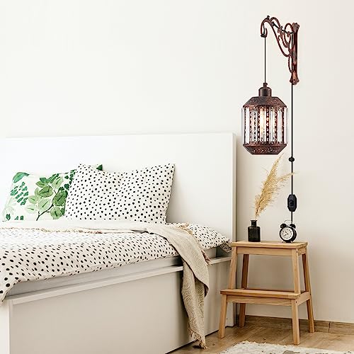 Image of Black Farmhouse Lantern Hanging Lamp Plug in Wall Sconces Set of Two,Boho Dimmable Glass Wall Mounted Lights Plug in Hanging Wall Lamps Rustic for Bedrooms Bedside Living Room