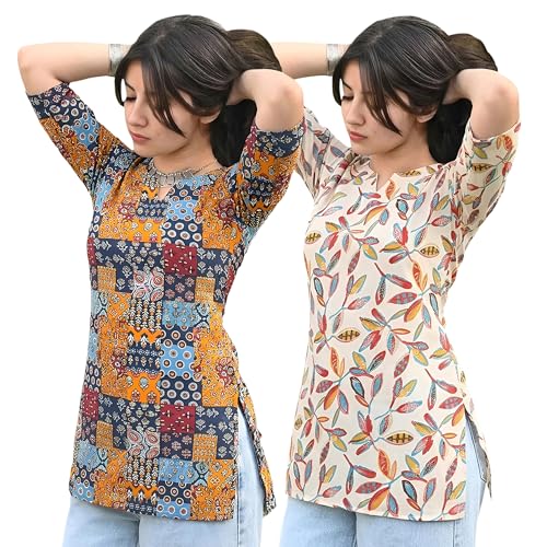 Image of Pinkmint Women's Cotton Blend Printed Short Kurti, Hip-Length Ethnic Tunic for Women, 3 /4 Sleeve Notch Neck, Casual, Office (Available in Plus Sizes & Combo Pack 2)