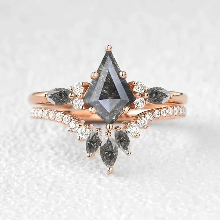 10K/14K/18K Gold Natural Salt and Pepper Ring Set Diamond Kite Cut Round Salt and Pepper Ring Set for Women Personalized Engagement Wedding Band Jewelry Gift for Mother’s Day Women Mom Her3