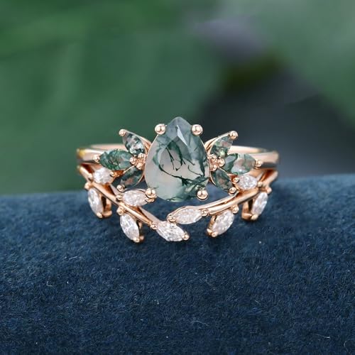 10K 14K 18K Rose Gold 2CT Natural Moss Agate Engagement Ring Set for Women 925 Sterling Silver Genuine Pear Green Moss Agate Leaf Art Deco Bridal Wedding Ring Set (Size 4-15)-42