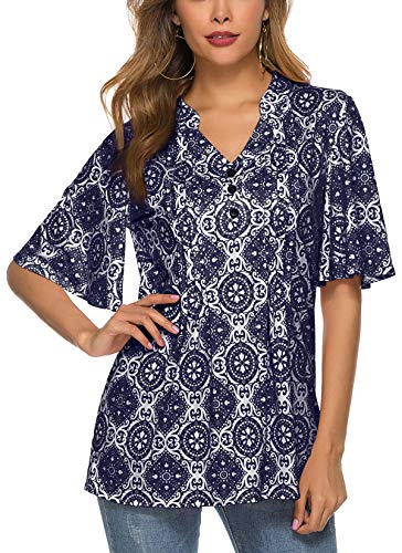 HOCOSIT Women's Floral Print Short Ruffle Sleeve Pleated Front V Neck Button Tunic Tops