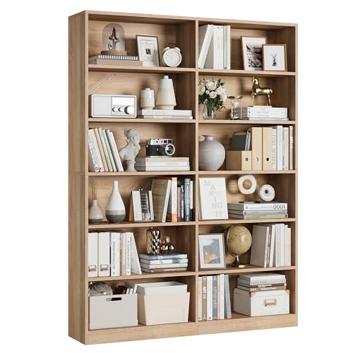 Bookshelf and Bookcase, 6-Tier Double Wide Bookshelves,Freestanding Display Storage Shelves, Tall Bookcases for Home Decor Bedroom, Living Room, Home Office, Light Oak