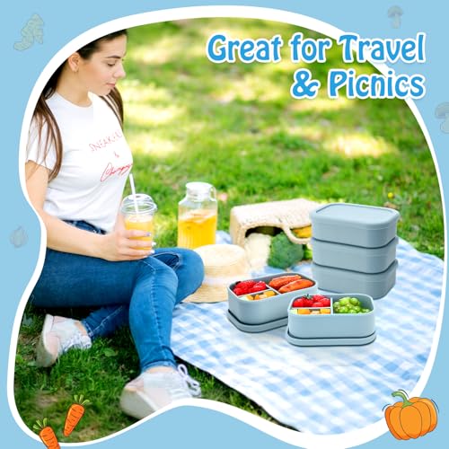Image of Honeydak 4 Pcs Silicone Bento Box, 3 Compartment Lunch Food Container for Women Men, Leak Proof Microwave Easy to Clean Dishwasher Freezer Safe (Blue)