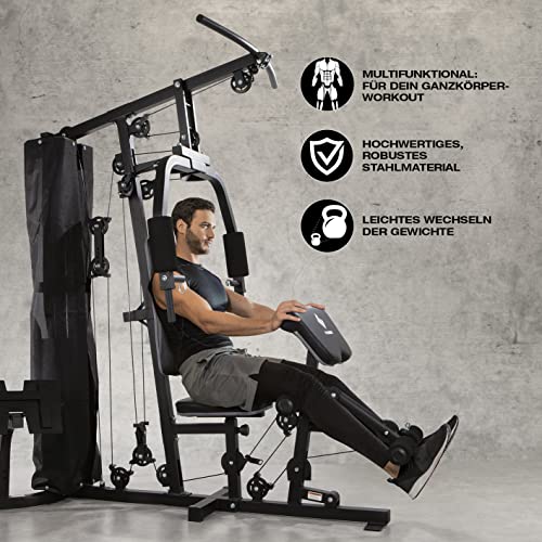 Kraftstation | Multifunktions-Homegym für den ganzen Körper | Gewichte bis zu 67 kg einstellbar, mit Latzugstange, Beinpresse, Bizepscurl-Polster u.v.m. | Hochwertiges Stahlmaterial – Bild 3