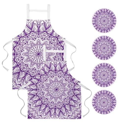 Tablier de serveuse Hipple Mandala violet floral multicolore en lot de 2 avec 4 broches