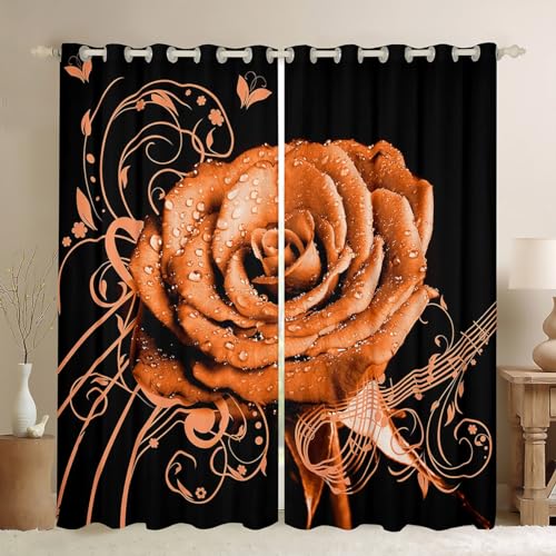 Feelyou Orange Rose Floral Curtains for Bedroom (2 Panels, 38 x 45 Inch) Valentine's Day Botanical Blackout Curtains Music Printed Blossom Flowers Darkening Drapes Romantic Window Treatment